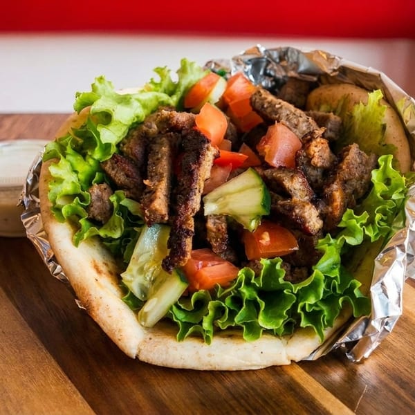 A gyro with meat, lettuce, tomatoes, and cucumbers in pita bread, with a side of sauce.