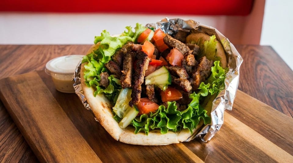 A gyro with meat, lettuce, tomatoes, and cucumbers in pita bread, with a side of sauce.