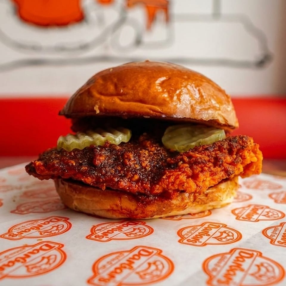 A crispy, spicy fried chicken sandwich with pickles on a brioche bun, on branded Dandan's paper.