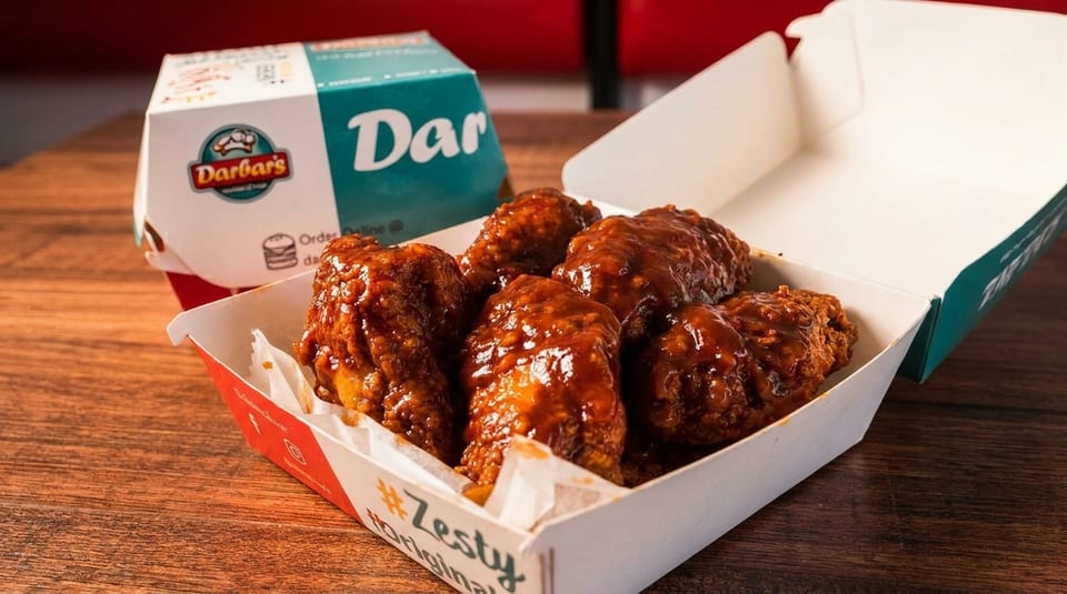 Darbar's Zesty Original chicken wings in a white and green takeout box on a wooden table.