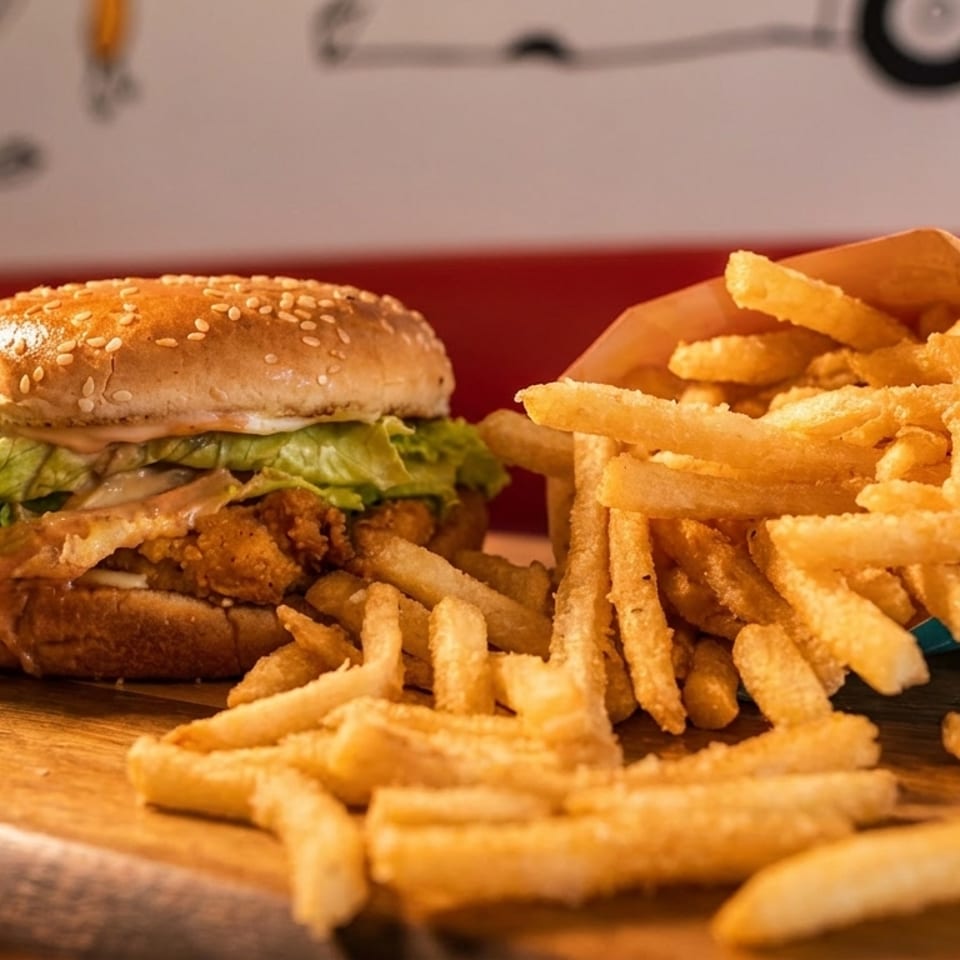 Crispy chicken burger with lettuce and sauce, alongside a carton of golden french fries on a wooden board.