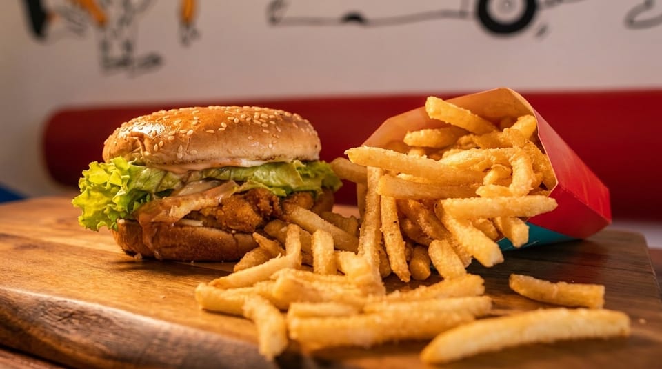 Crispy chicken burger with lettuce and sauce, alongside a carton of golden french fries on a wooden board.