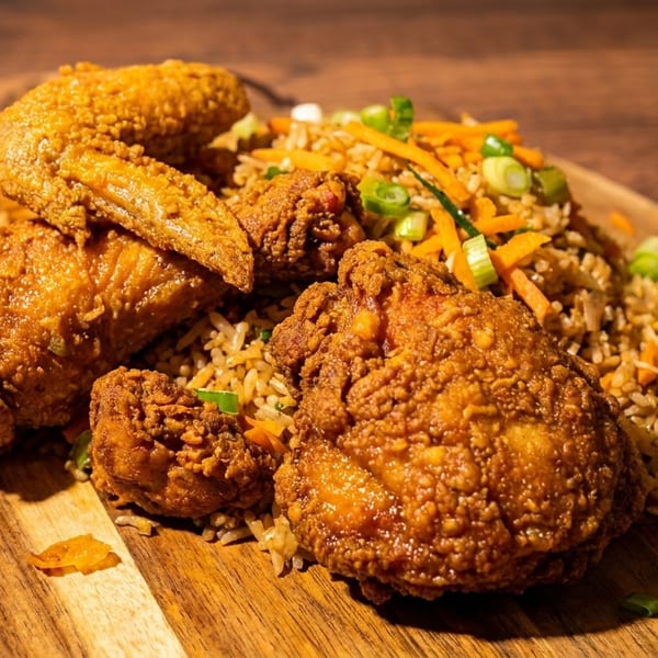 Crispy fried chicken pieces and wings served with vegetable fried rice on a wooden board.