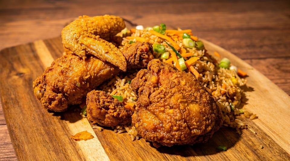 Crispy fried chicken pieces and wings served with vegetable fried rice on a wooden board.