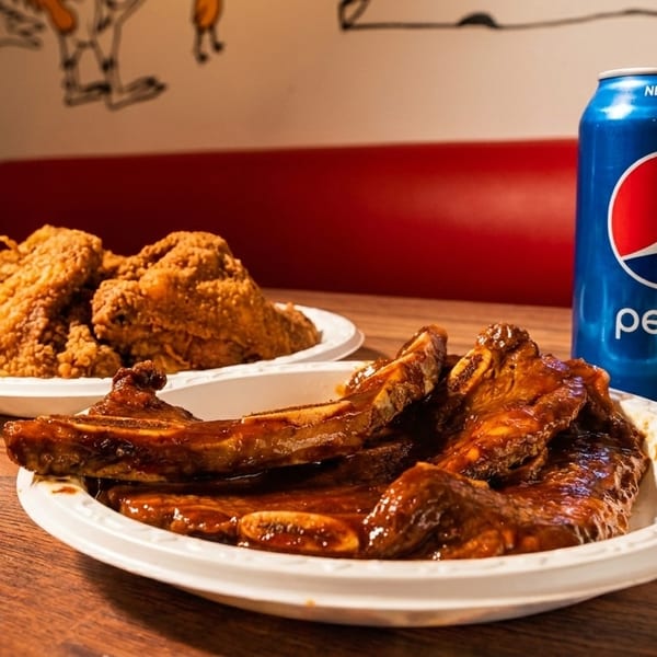 Plates of BBQ ribs and fried chicken, with a Pepsi can, on a wooden table.
