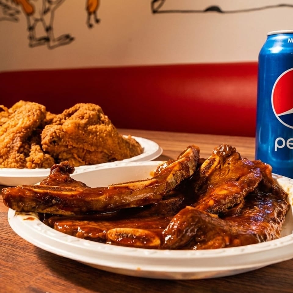 Plates of BBQ ribs and fried chicken, with a Pepsi can, on a wooden table.